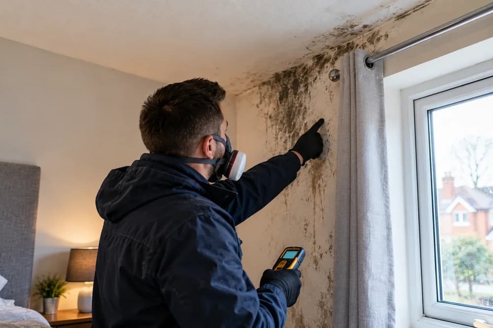 Technician inspecting ceiling mould with a moisture meter