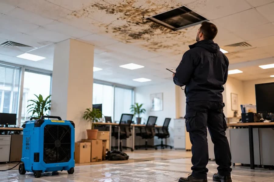 Technician assessing mould on a commercial office ceiling