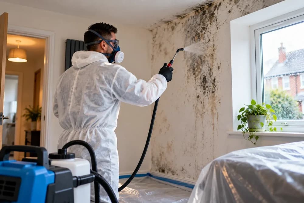 Technician applying mould treatment to a wall in full protective equipment