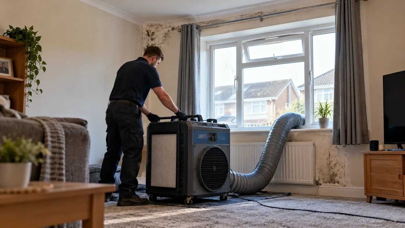 Technician setting up air-cleaning equipment with ducting in a living room during mould treatment