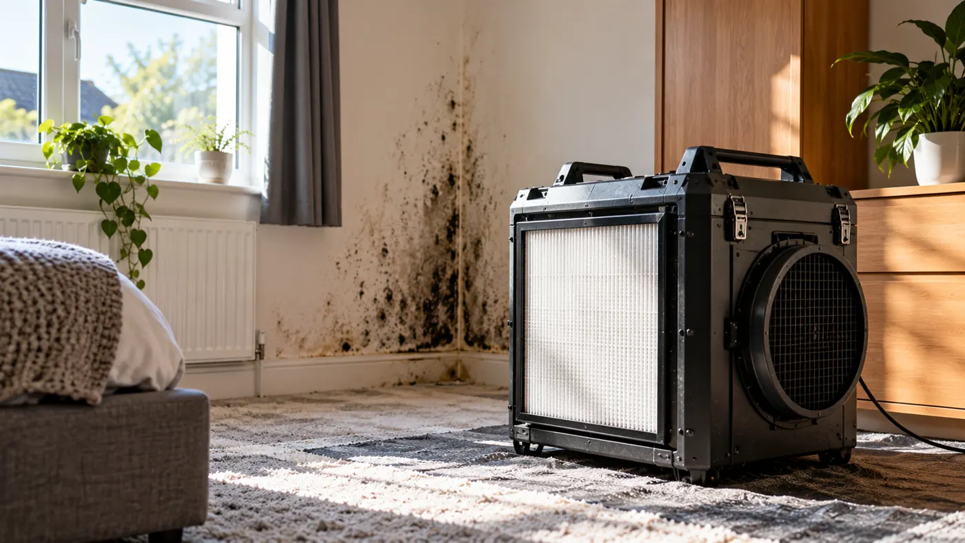 Air-cleaning equipment running in a bedroom affected by mould growth