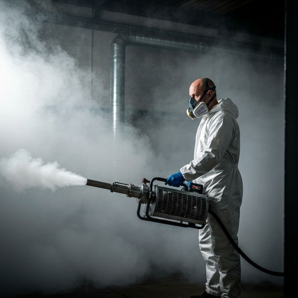 Specialist technician in full PPE using an industrial air fogging machine