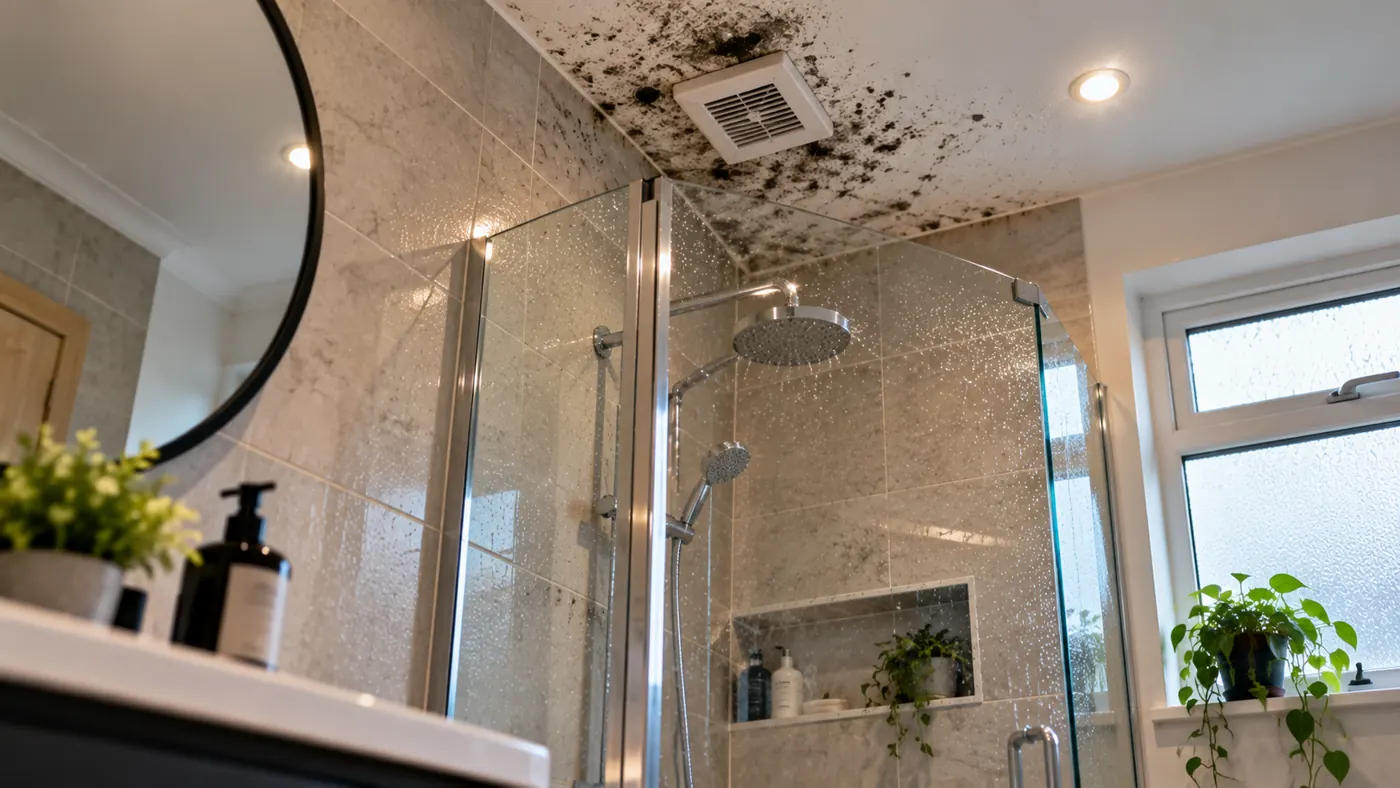 Black mould spreading across a bathroom ceiling around an extractor fan