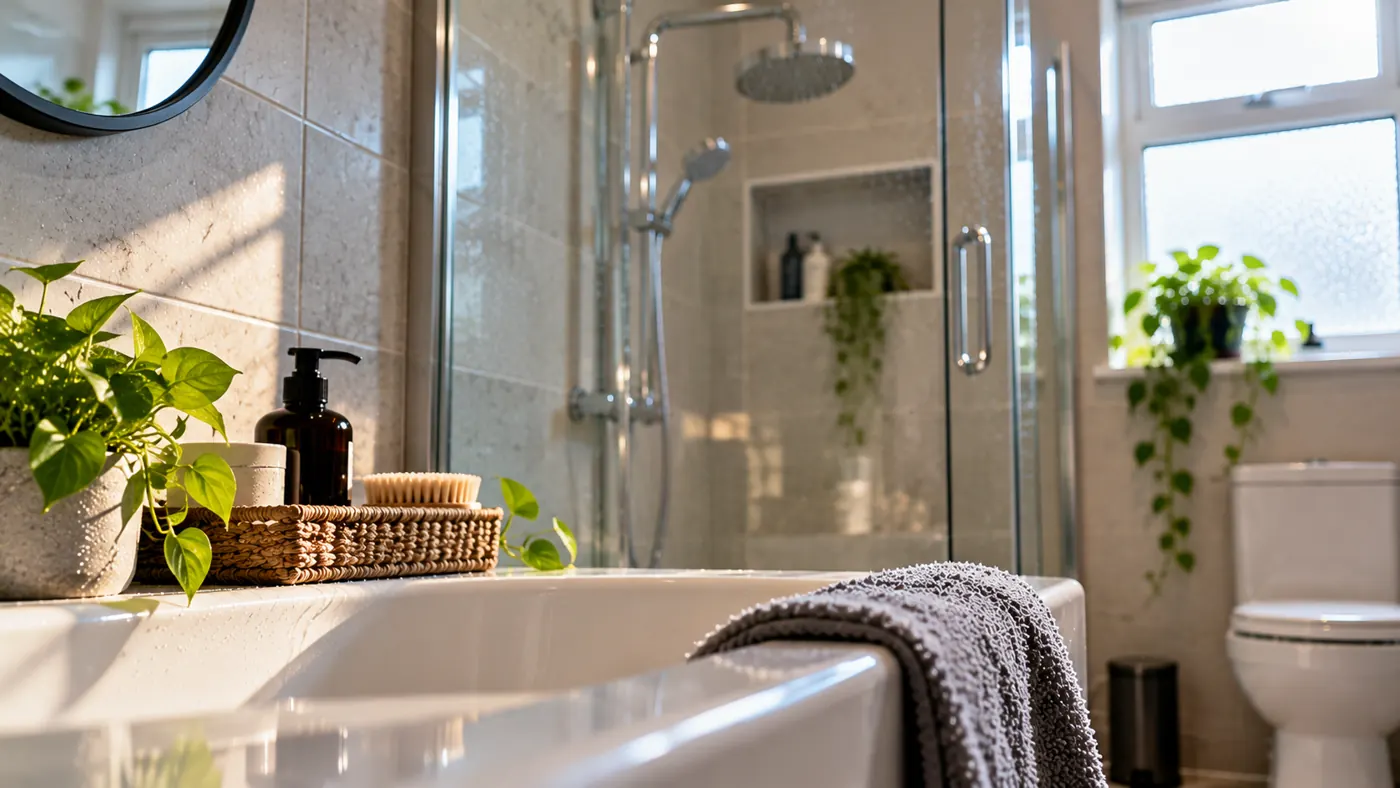 Clean, well-ventilated bathroom with a glass shower enclosure, free from mould