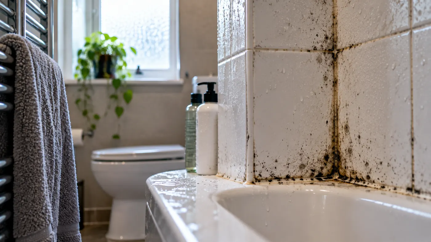 Close-up of black mould growing in bathroom tile grout above a bathtub