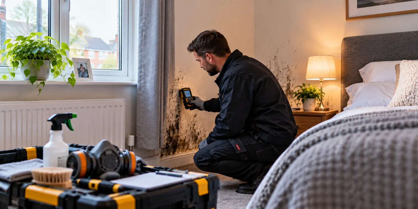 Technician using a moisture meter to assess mould on a bedroom wall