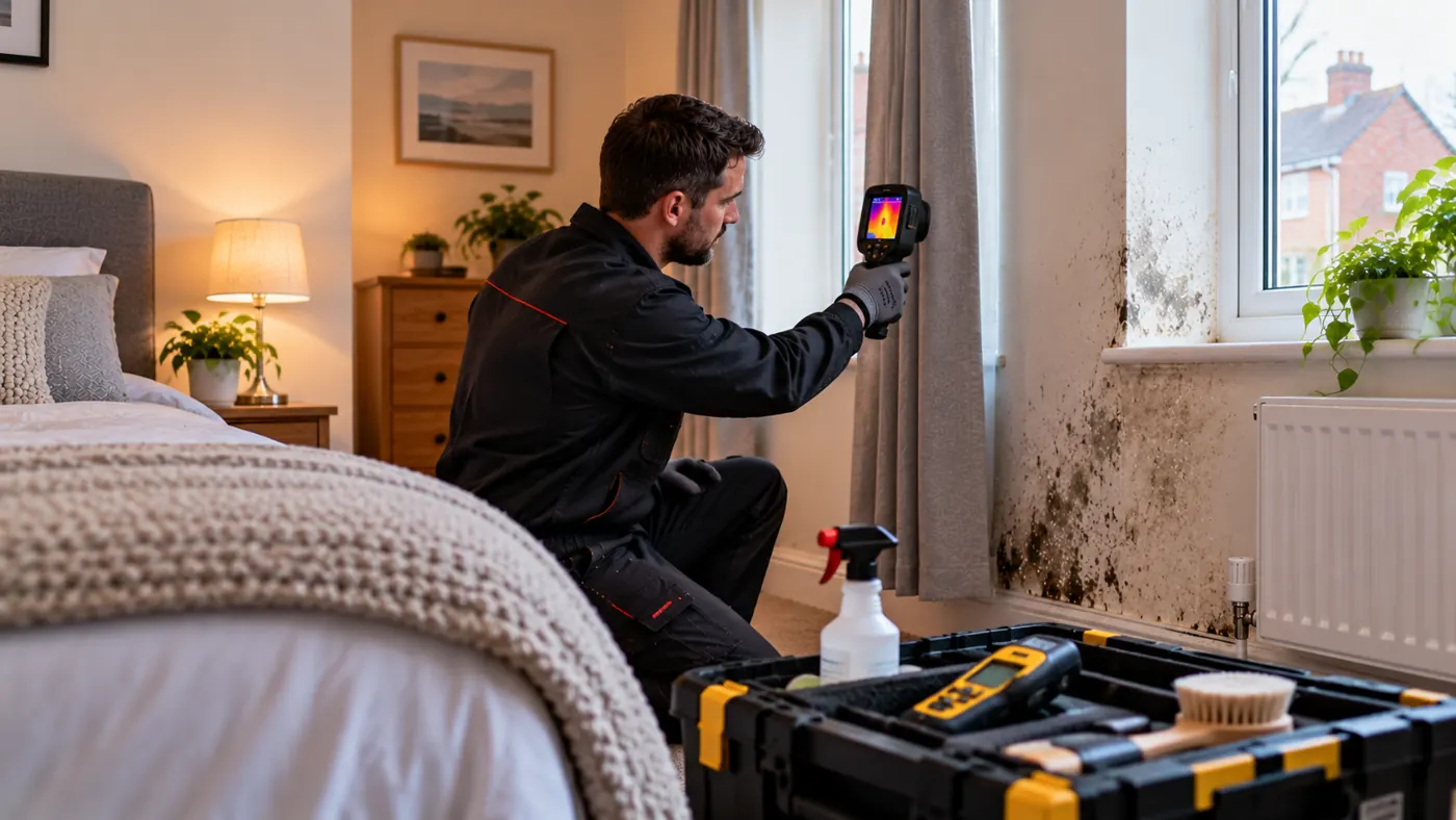 Technician using a thermal imaging camera to investigate persistent moisture near a bedroom window