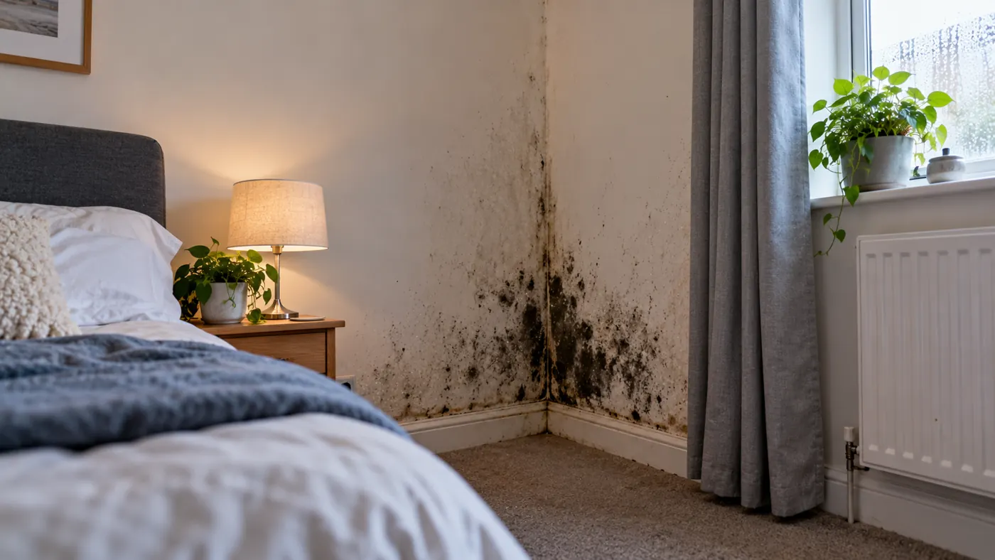 Black mould spreading across a bedroom wall corner beside a window