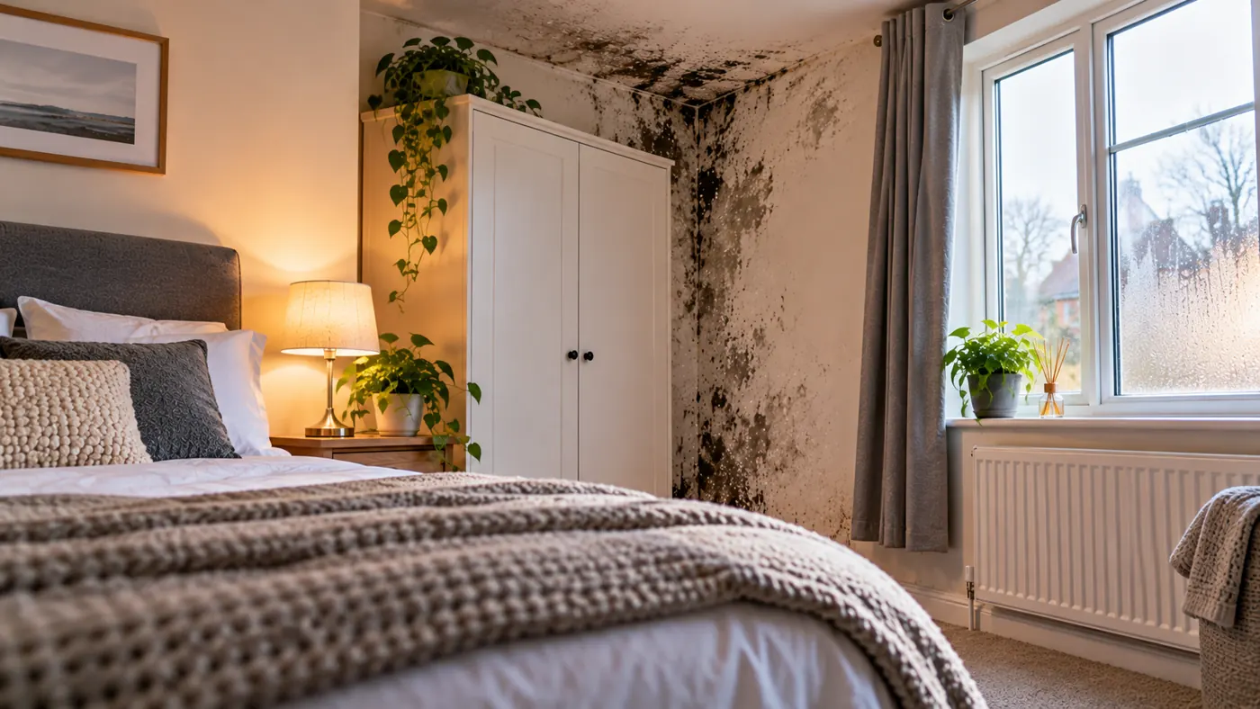 Mould spreading across a bedroom ceiling and wall beside a wardrobe