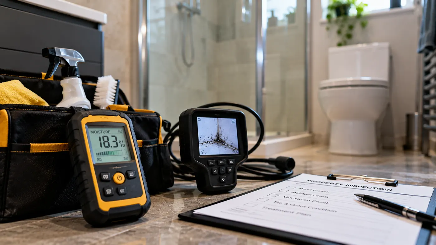 Moisture meter and inspection equipment used to assess bathroom mould and dampness