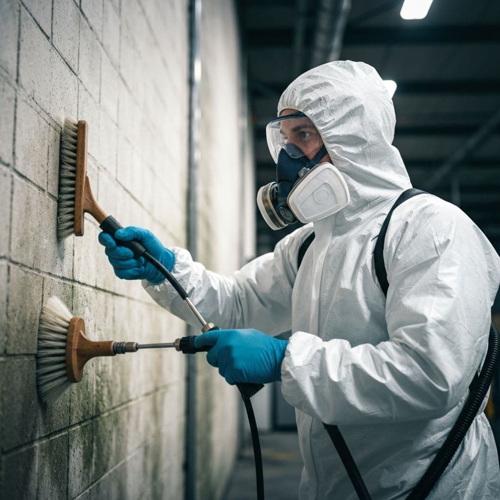 Technician in protective gear cleaning industrial walls
