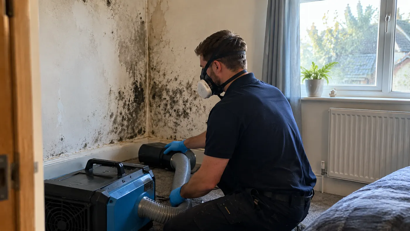 Technician wearing a respirator setting up air-cleaning equipment beside a mould-affected bedroom wall