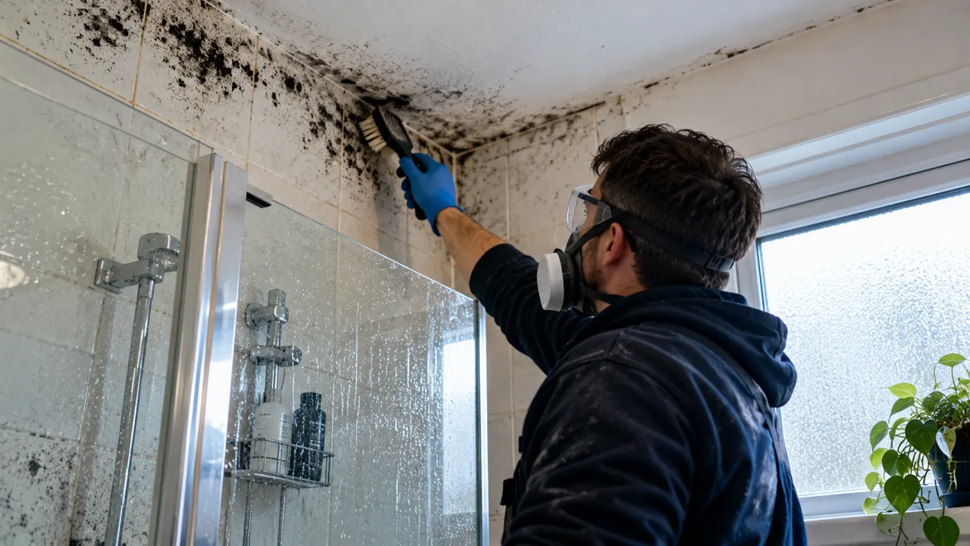 Technician in protective equipment removing black mould from a bathroom ceiling corner