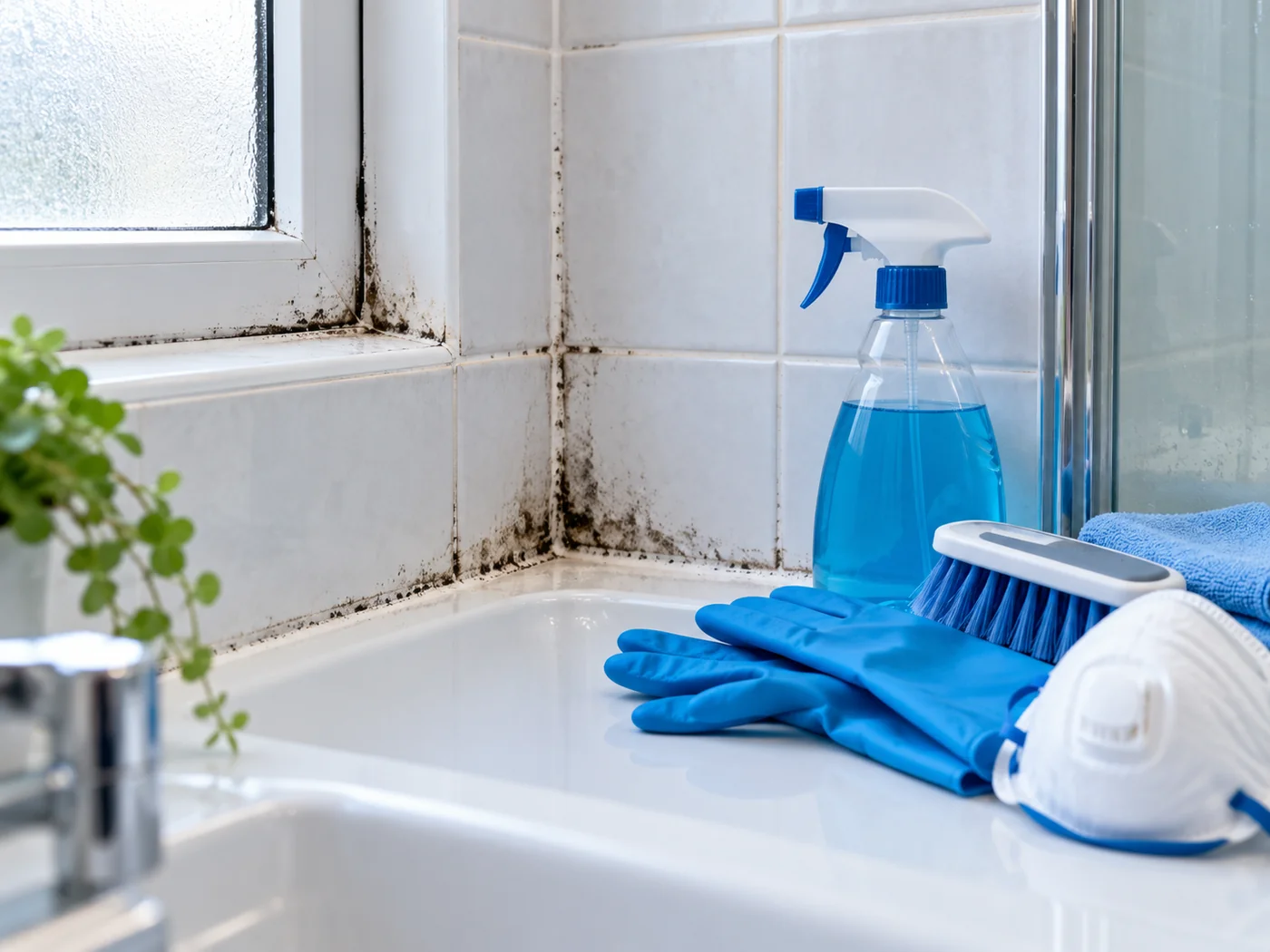 Bathroom corner affected by black mould beside cleaning spray, gloves and a protective mask
