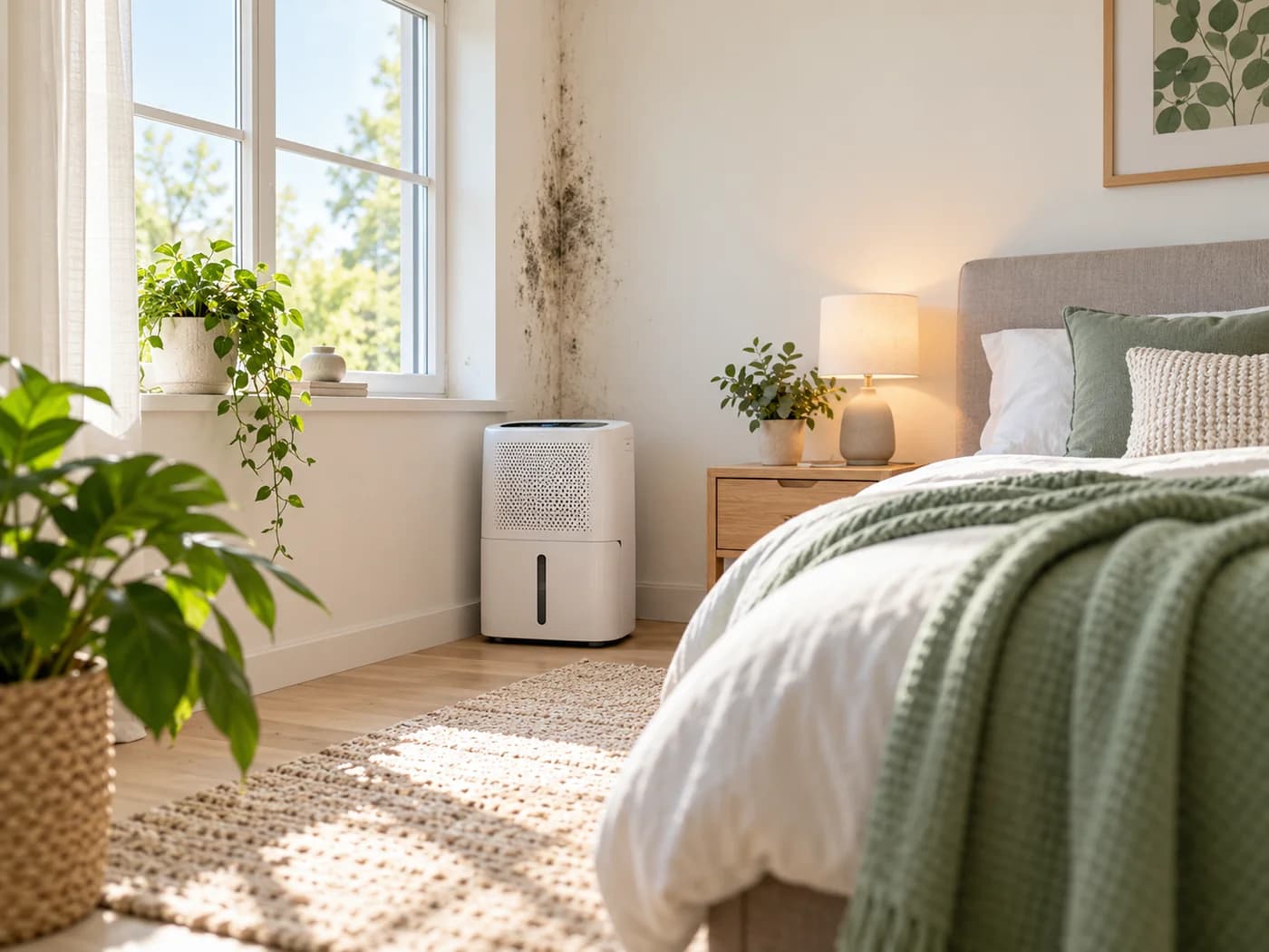 Early-stage black mould near a bedroom window beside a dehumidifier used to reduce moisture