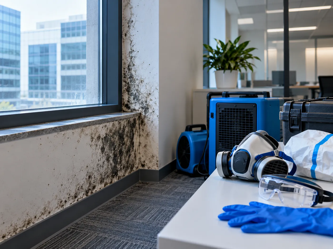 Professional mould removal equipment and PPE set up beside black mould on an office window wall