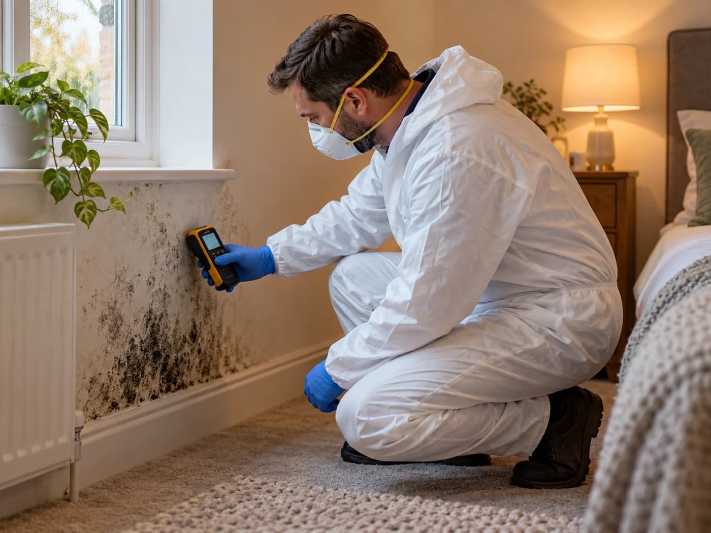 Technician in protective coveralls using a moisture meter to assess black mould on a bedroom wall