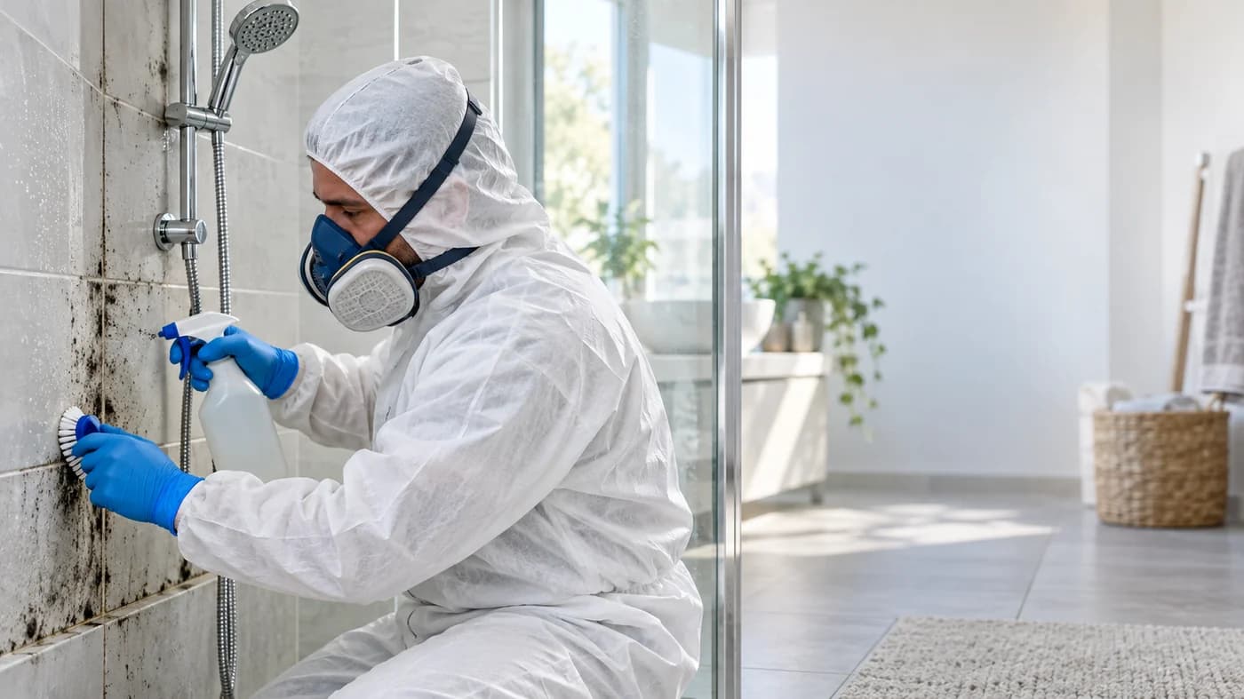 Technician in protective coveralls removing black mould from a shower tile