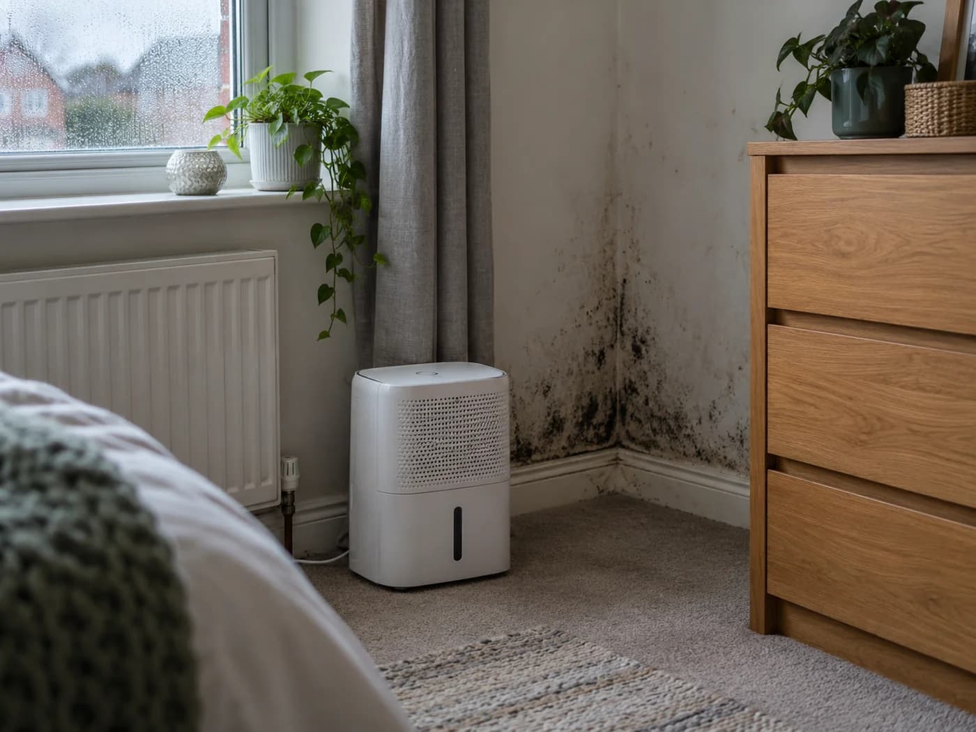 Heavy black mould spreading up a bedroom corner wall beside a dehumidifier