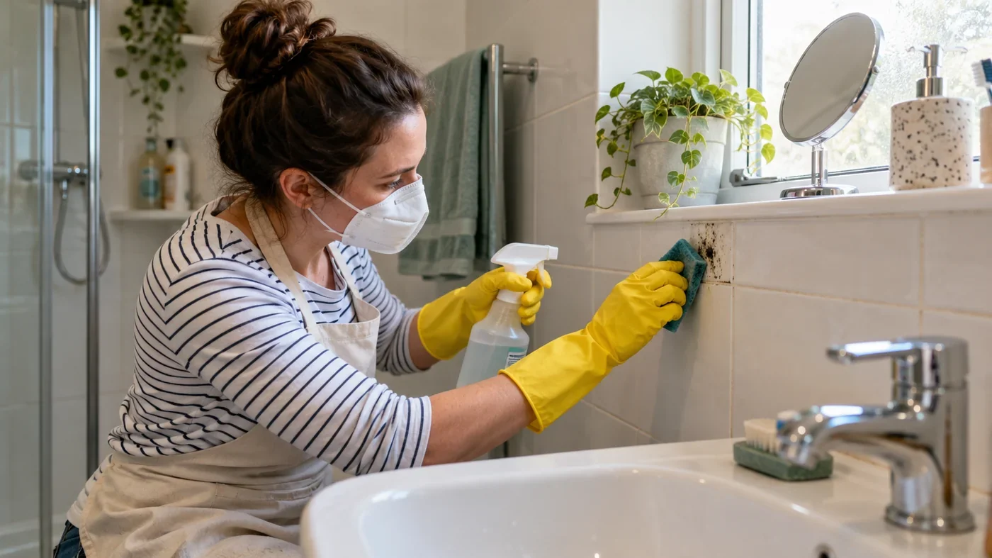 Person in yellow rubber gloves cleaning black mould from bathroom tiles with a spray cleaner