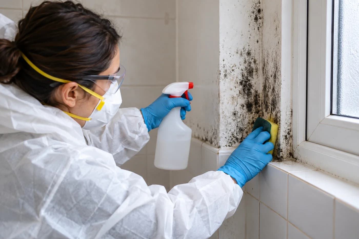 Technician in white coveralls spraying and wiping black mould from a bathroom tile corner