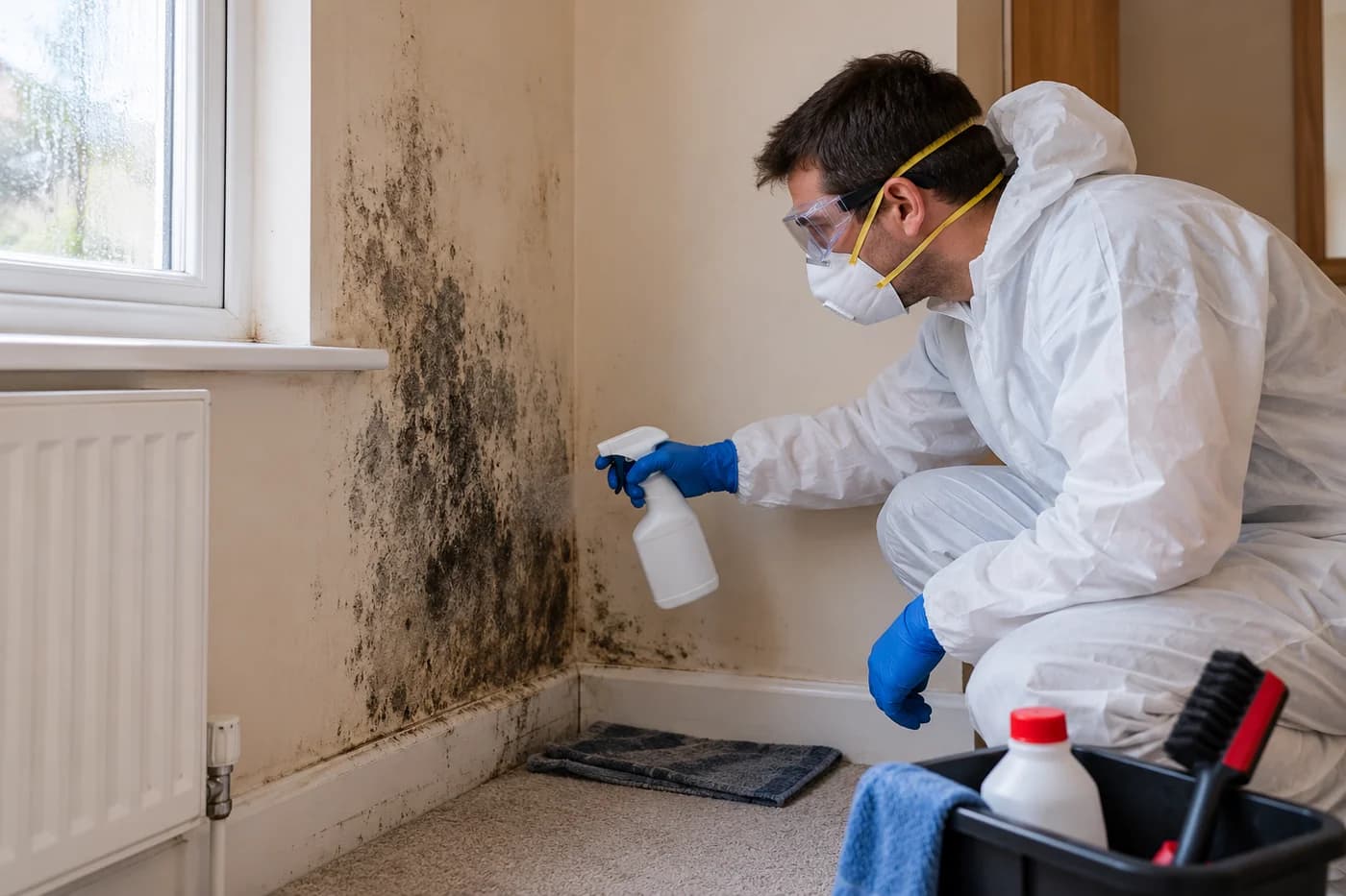 Technician in full protective coveralls, mask and goggles spraying treatment on black mould on a bedroom wall